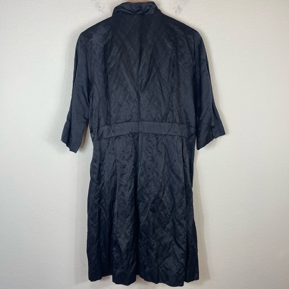Eileen Fisher Satin Metallic Snap Front Ruffle Neck Dress in Black Size Large - Picture 6 of 7